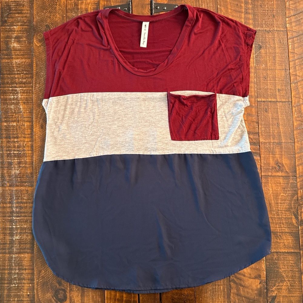 Vanilla Bay Colorblock Pocket Tee Women's Large Maroon Gray Navy Short Sleeve